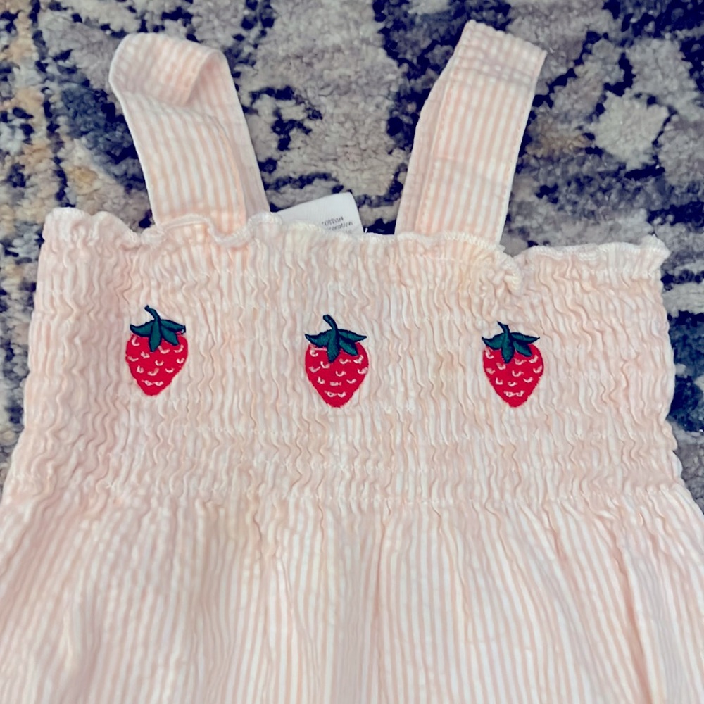 Seersucker strawberry overalls